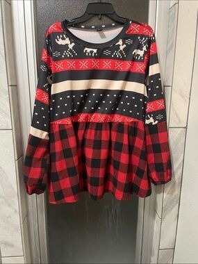 Womens Red & Black Buffalo Plaid Holiday Peplum Top
